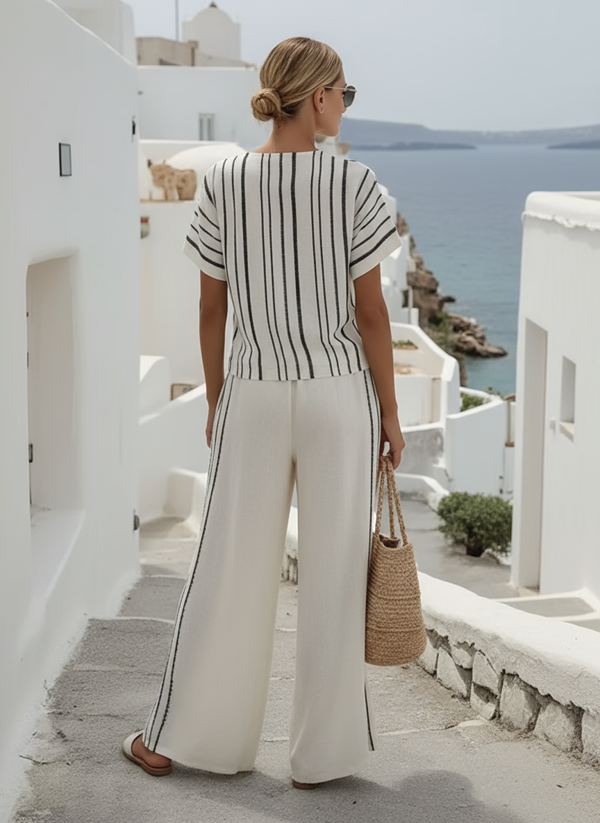 Women's Striped Linen Two-Piece Set with Wrap Front