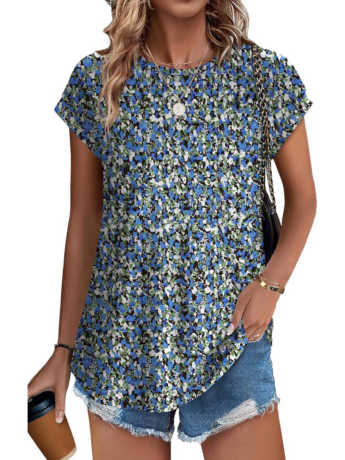 Women's Short Sleeve Leaf Print Top with Round Neck