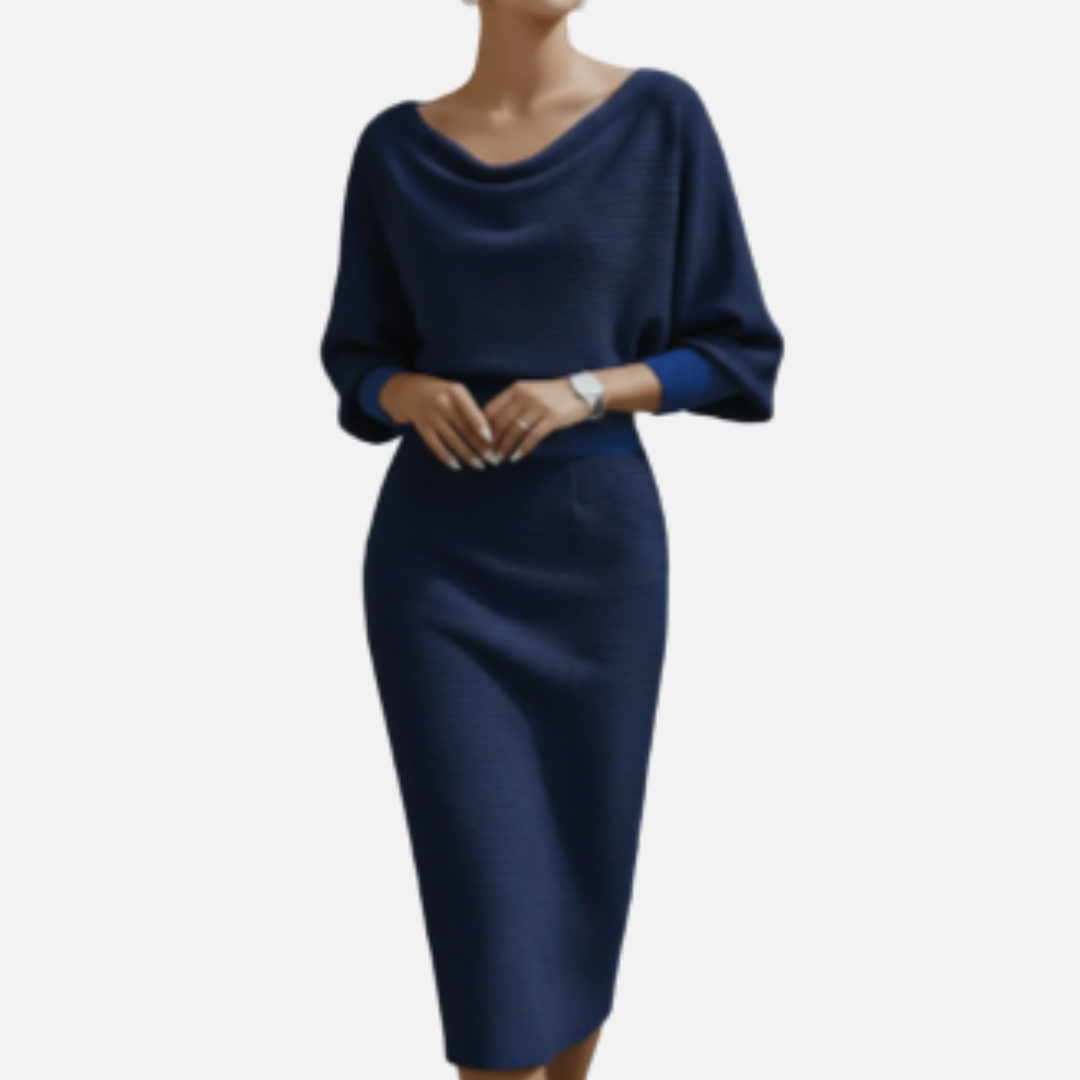 Women's Boucle Knit Cowl Neck Midi Dress | Batwing Sleeve