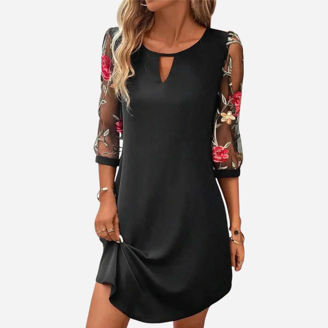 Isabelle | Floral Embroidered Mesh Sleeve Dress Keyhole