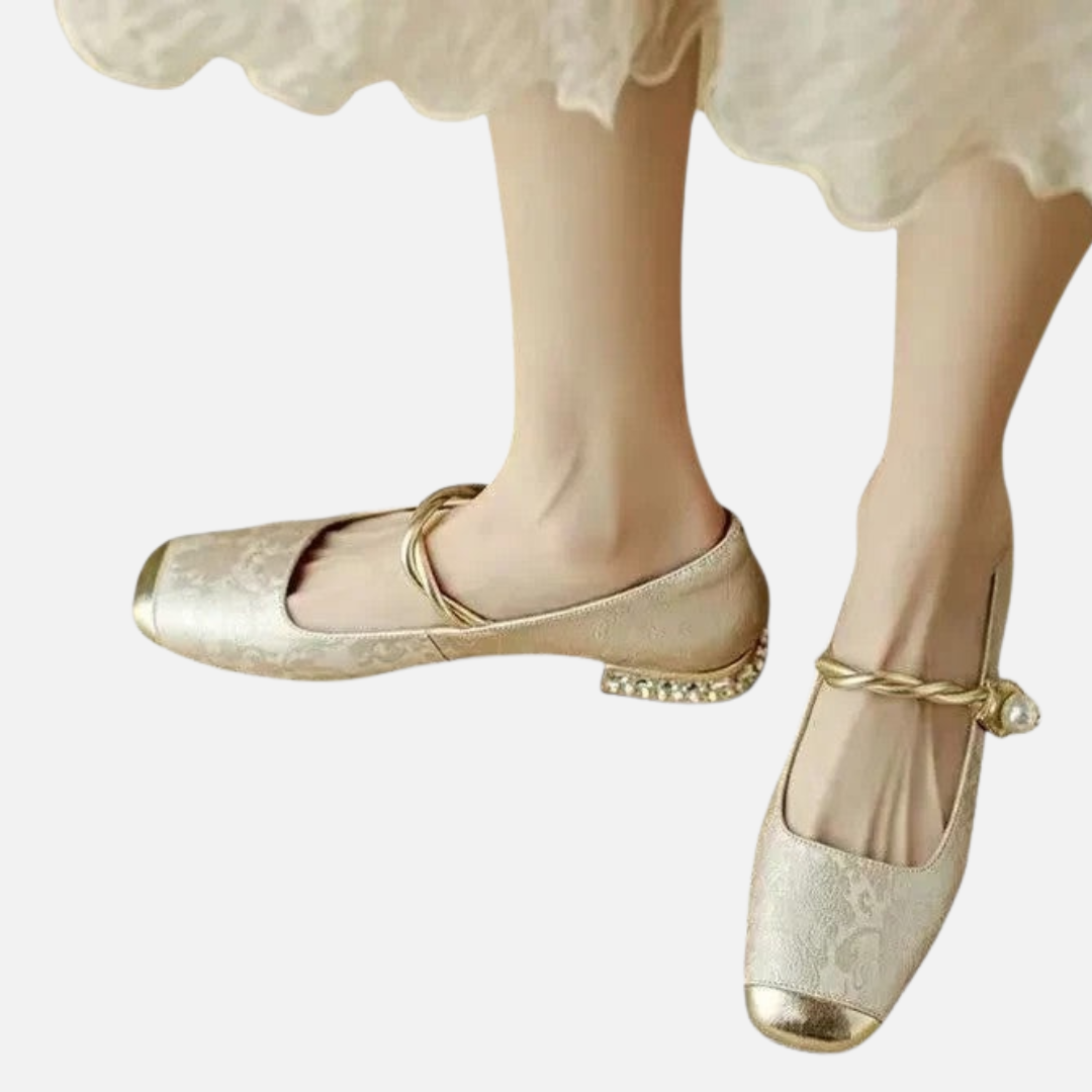Women's Velvet Mary Jane Flats | Square Toe Pearl Heel