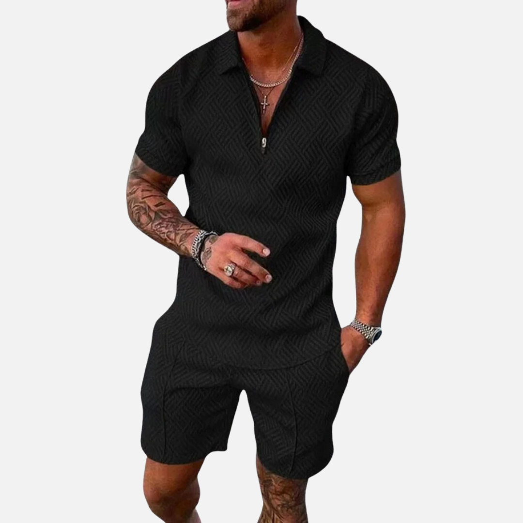 Men's Textured Polo Shirt and Shorts Set | Zip Collar Casual Summer Co-ord Matching Set