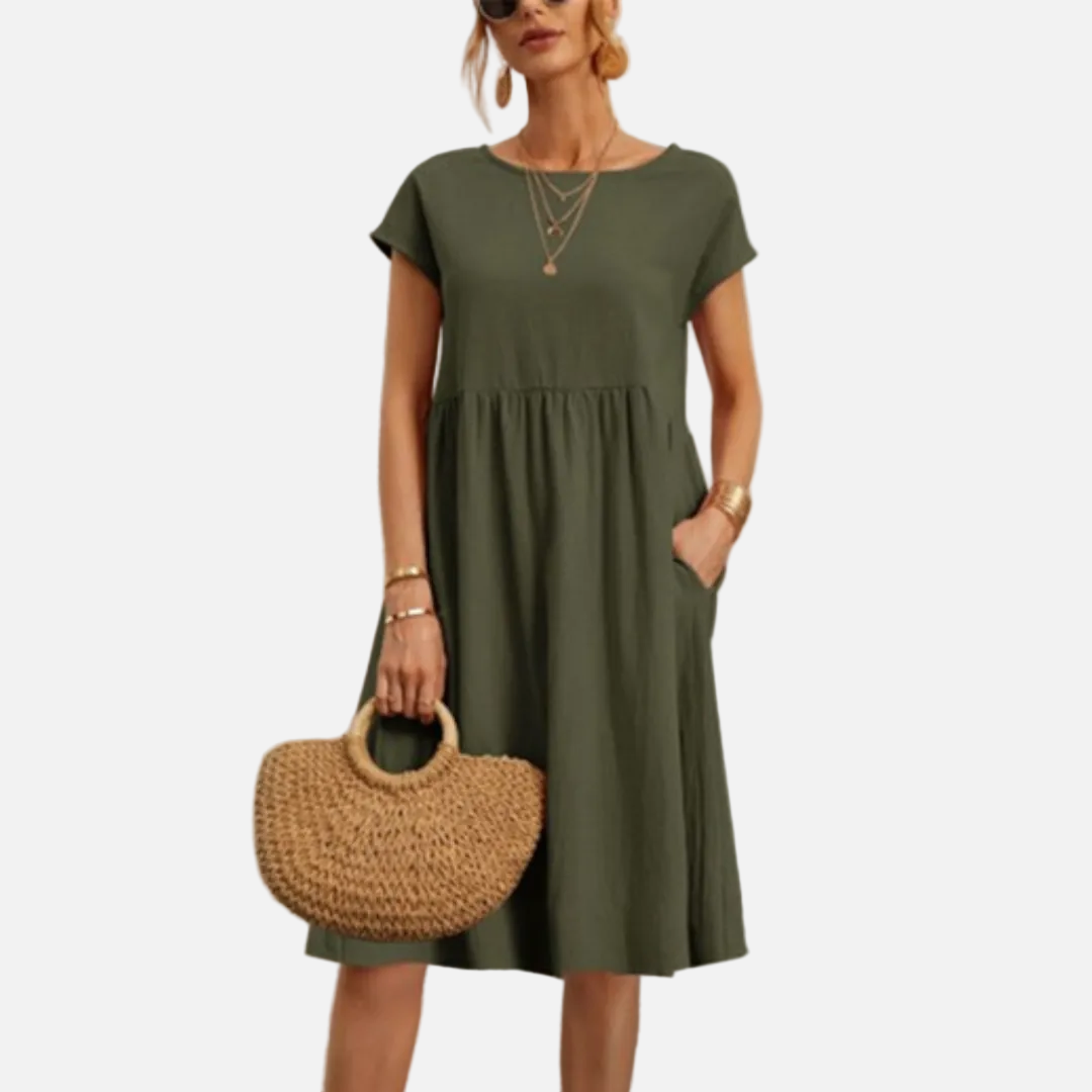Women's Casual Linen Midi Dress | Short Sleeve Smock Dress