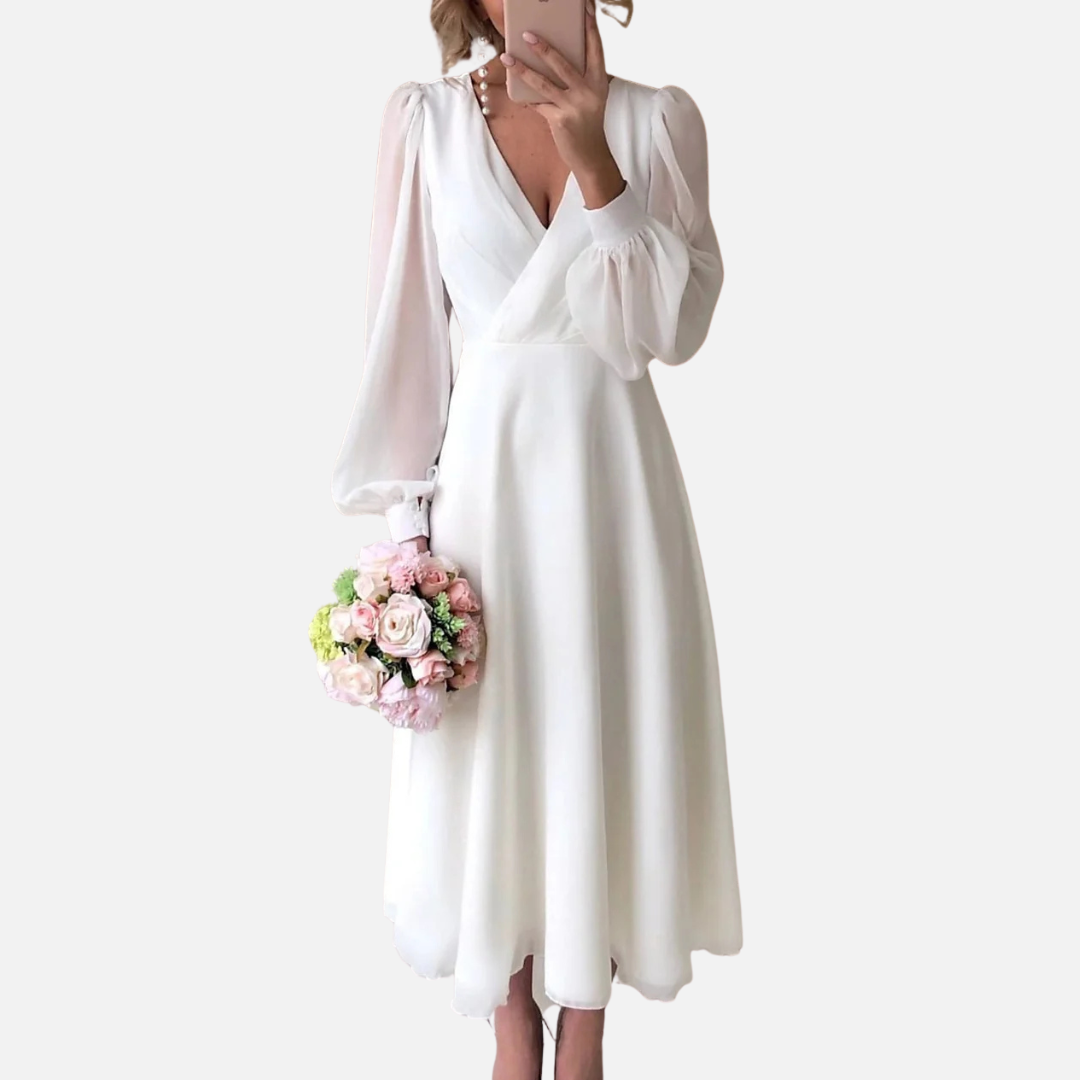 Women's White Puff Sleeve Wedding Midi Dress | V-Neck Chiffon A-Line Bridal Dress