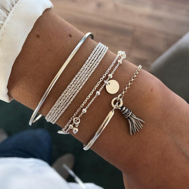 Women's Layered Bangle and Charm Bracelet Set