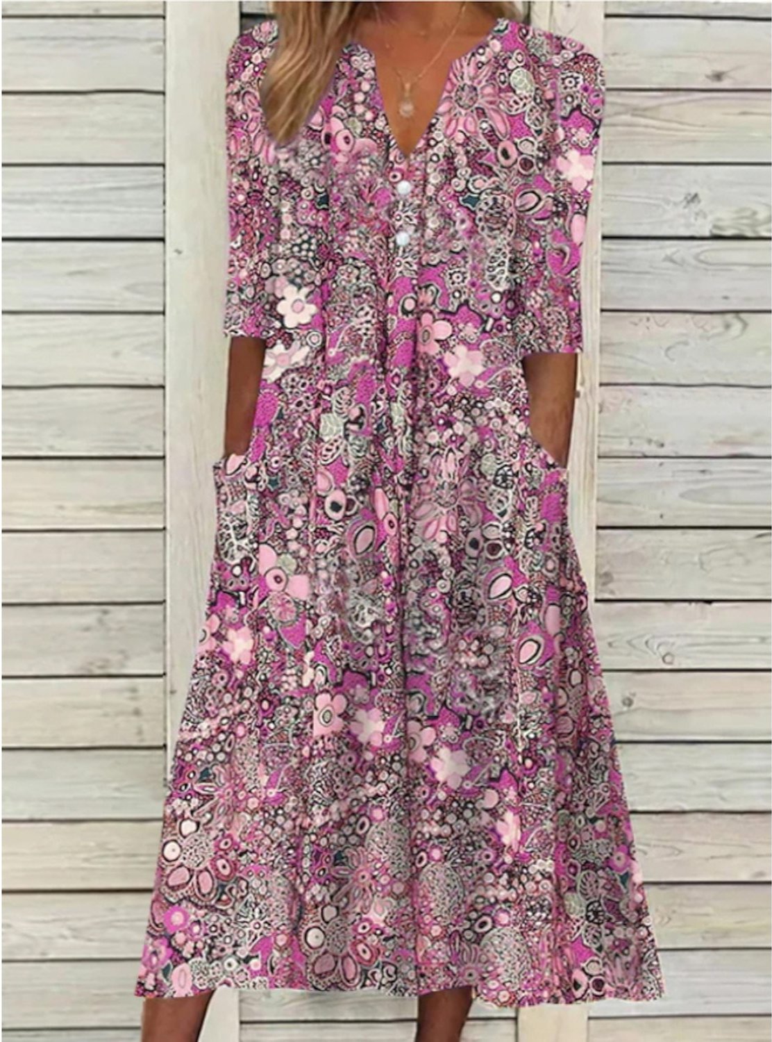 Women's Floral Midi Dress with V Neck and Pockets