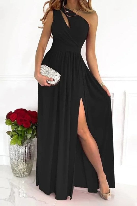 Women's One Shoulder Pleated Maxi Dress with Split