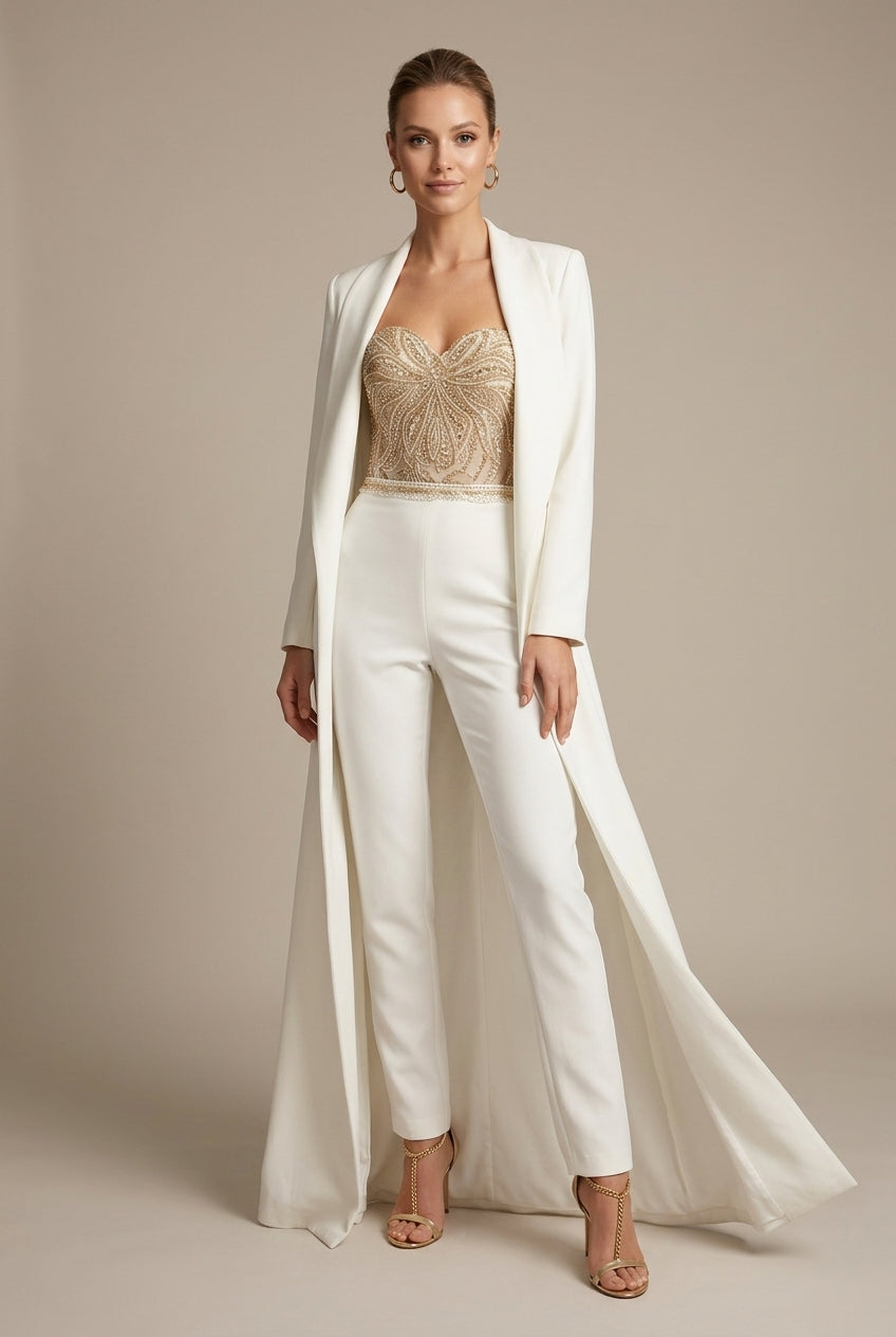 Women's Dressy Jumpsuit - Strapless Sweetheart Neck - Sequin Embellished Bodice - Straight Leg 3