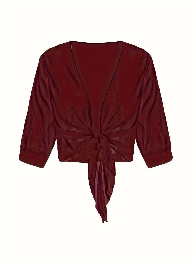 Women's Sheer Chiffon Tie Front Cropped Cardigan