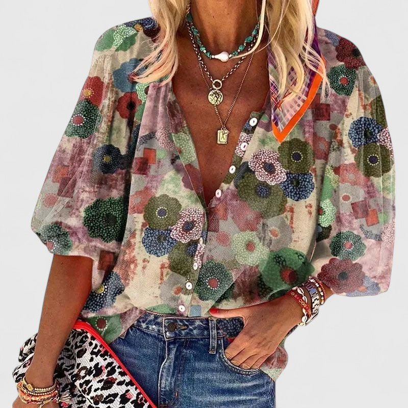 Women's Floral V-Neck Button-Front Blouse