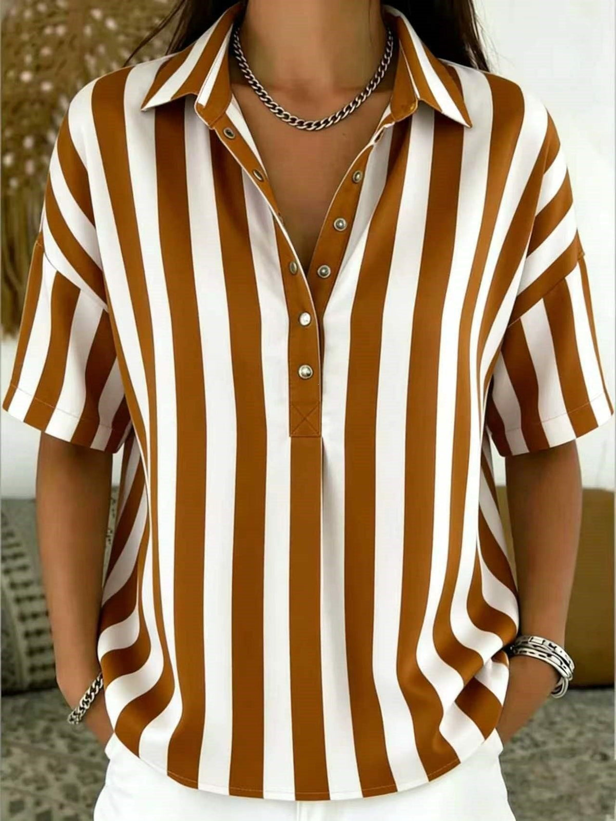 Women's Striped Short Sleeve Blouse with Collar