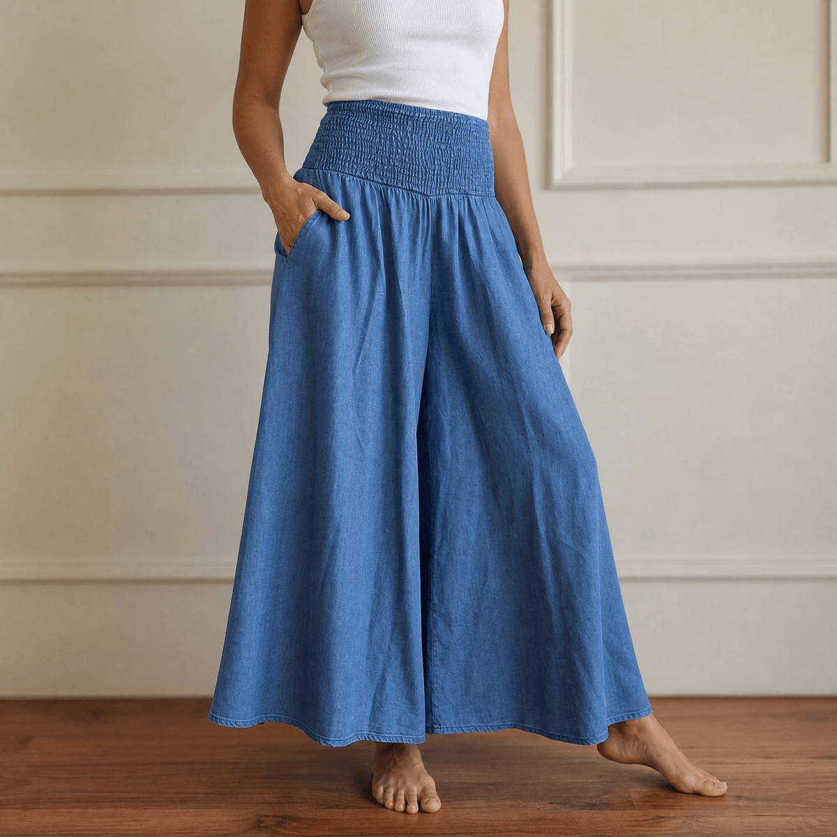 Women's Wide Leg Smocked High Waist Denim Pants