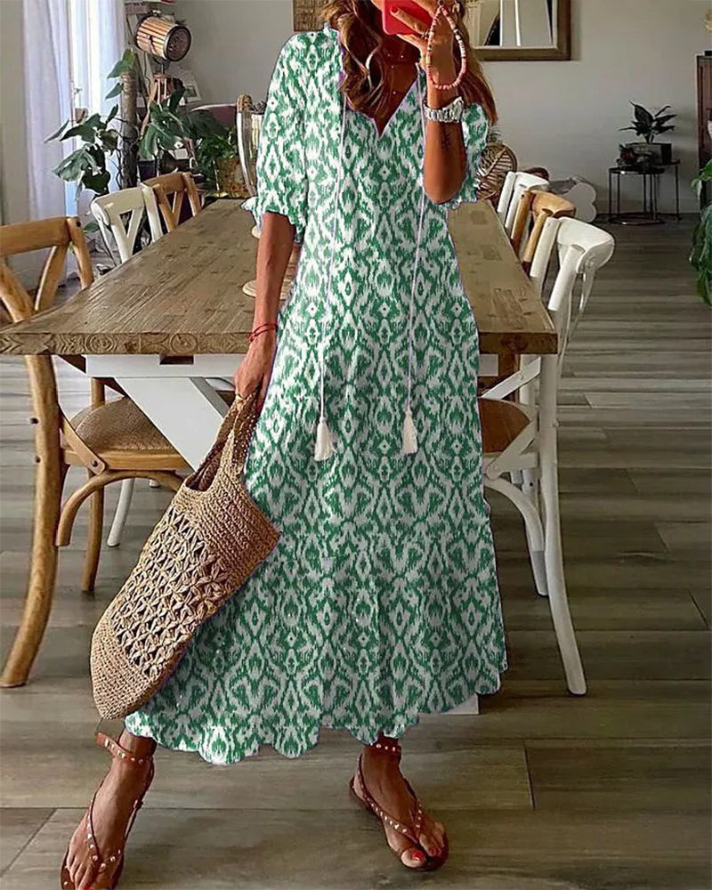 Women's Printed Maxi Dress with V Neck and Tassels