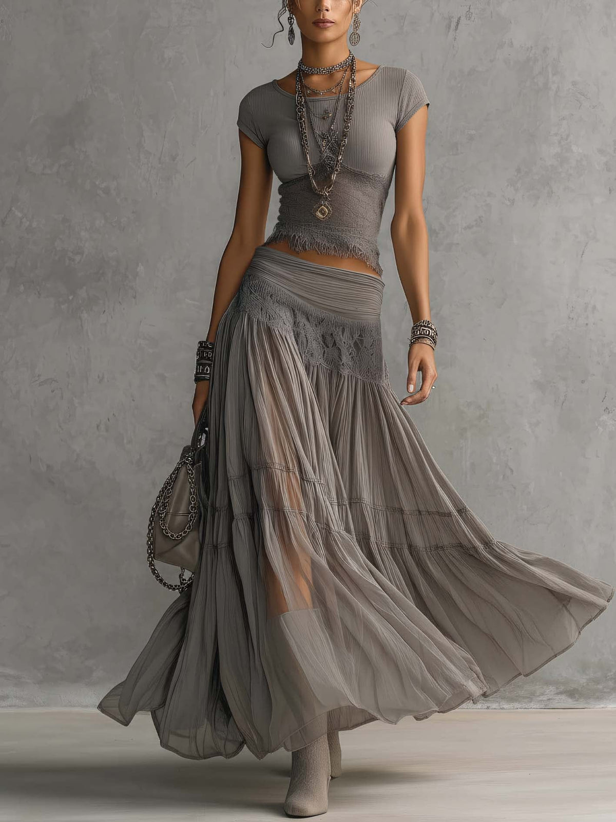 Women's Two-Piece Set – Lace, Pleated Maxi, Fringed Hem