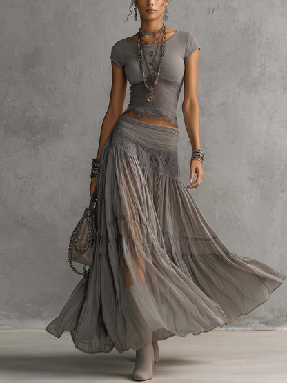Women's Two-Piece Set – Lace, Pleated Maxi, Fringed Hem