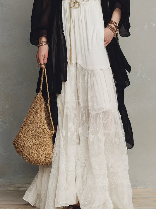 Women's Two-Piece Set – Tiered Lace, Maxi Length, Sheer Lightweight