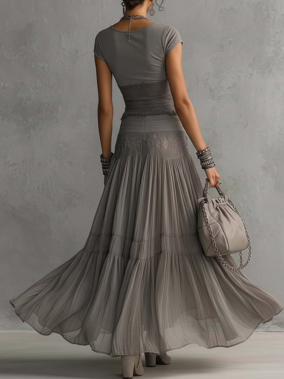 Women's Two-Piece Set – Lace, Pleated Maxi, Fringed Hem