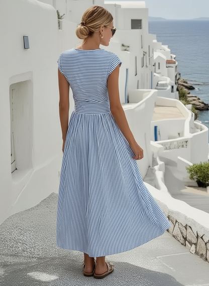 Women's Striped Linen Blend Maxi Dress with Twist Waist