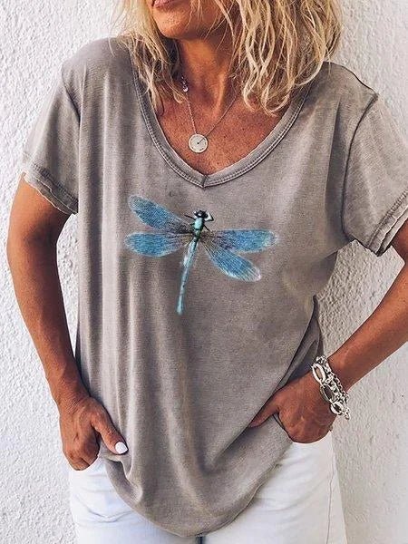 Women's V-Neck T-Shirt with Dragonfly Print