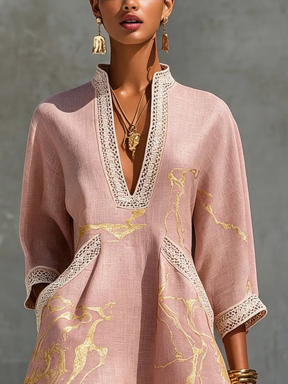 Women's Mini Dress – Crochet Lace V-Neck, Three-Quarter Sleeves, Woven