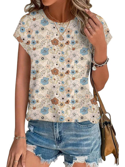 Women's Short Sleeve Leaf Print Top with Round Neck