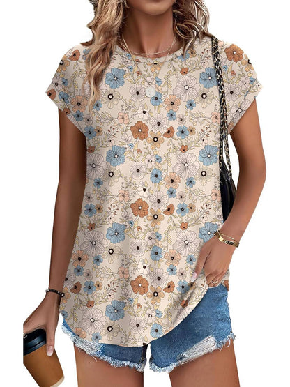 Women's Short Sleeve Leaf Print Top with Round Neck