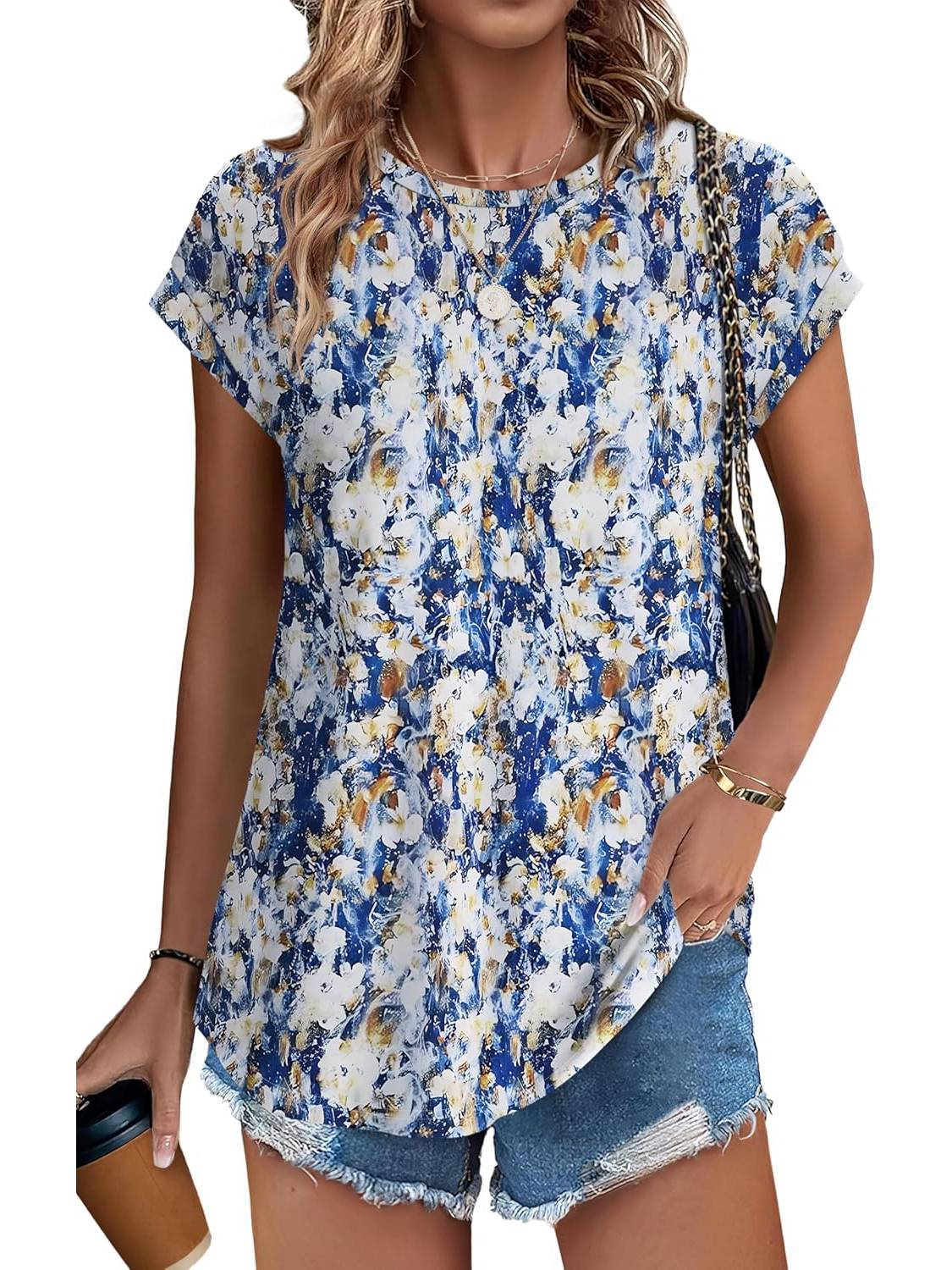 Women's Short Sleeve Leaf Print Top with Round Neck