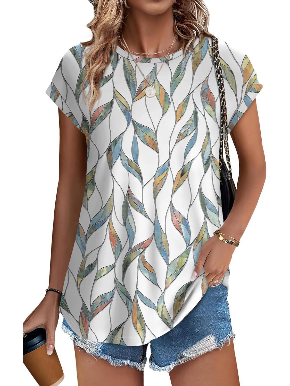 Women's Short Sleeve Leaf Print Top with Round Neck