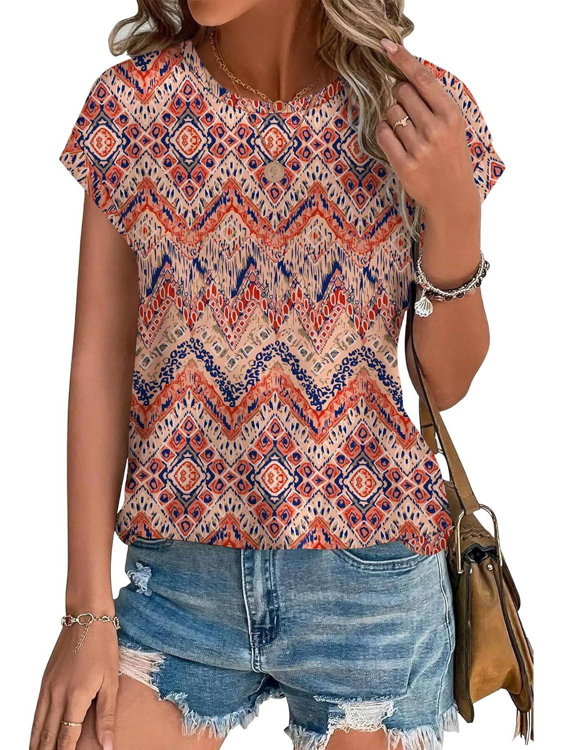 Women's Short Sleeve Leaf Print Top with Round Neck