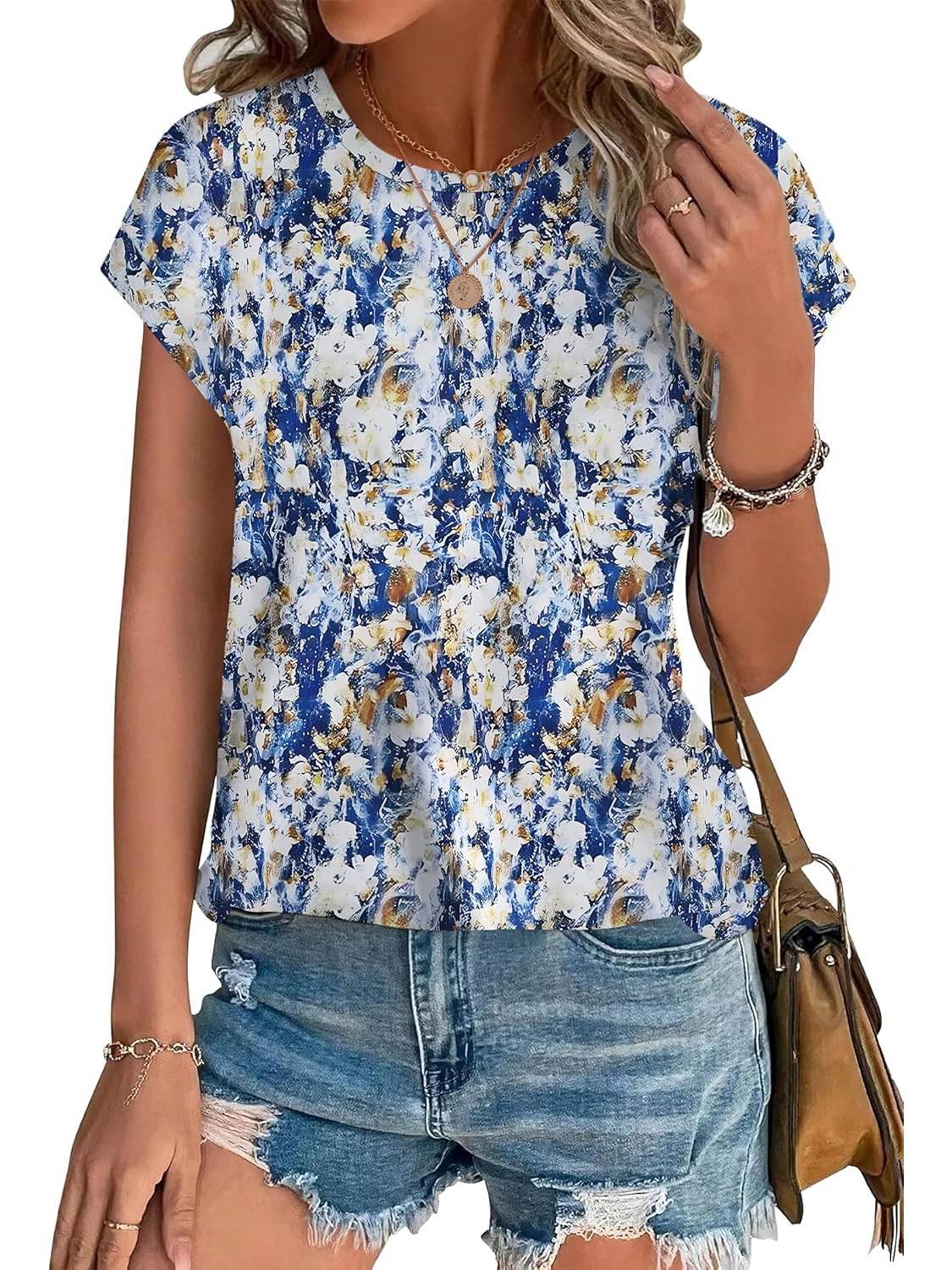 Women's Short Sleeve Leaf Print Top with Round Neck