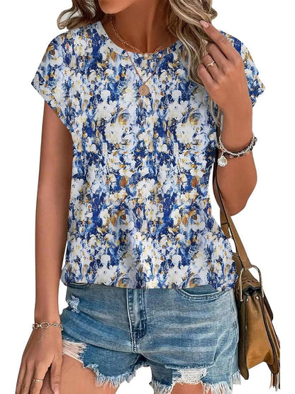 Women's Short Sleeve Leaf Print Top with Round Neck