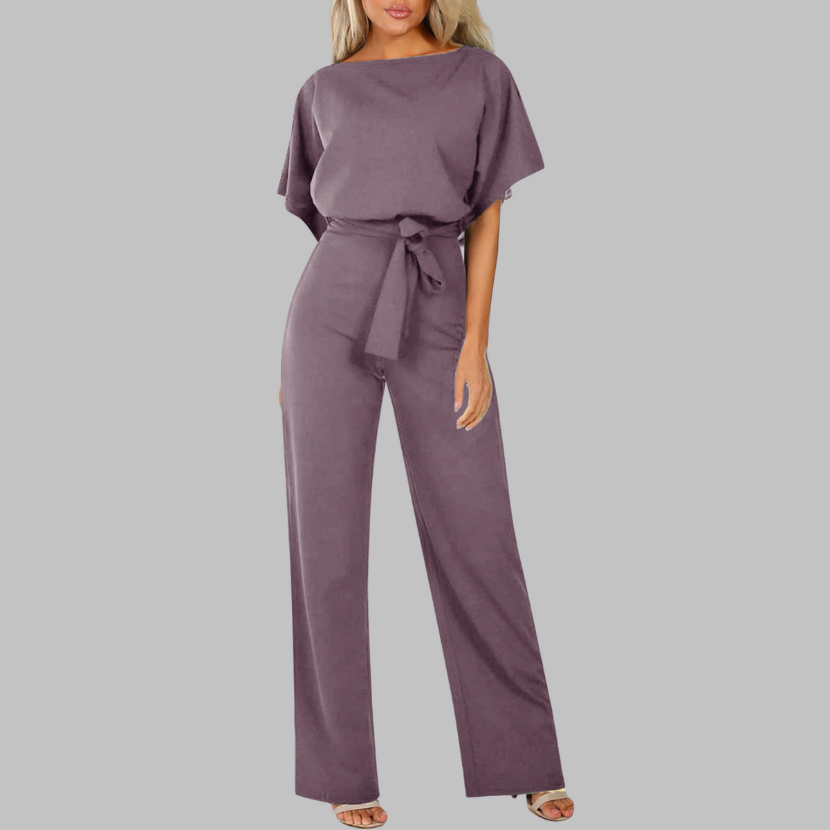 Women's Wide Leg Jumpsuit with Batwing Sleeves and Tie Waist