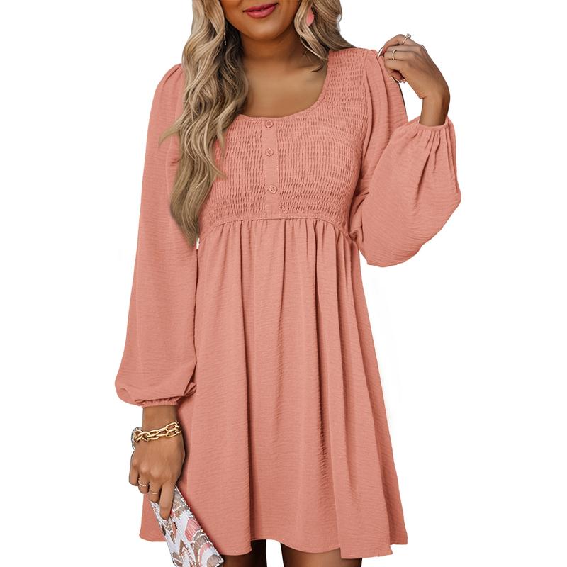 Women's Smocked Mini Dress with Square Neck and Long Sleeves