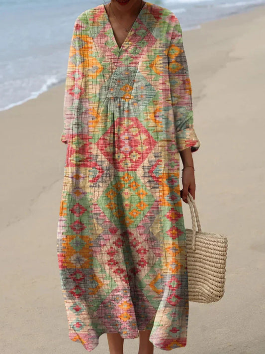Women's Printed Deep V-Neck Maxi Dress with Long Sleeves