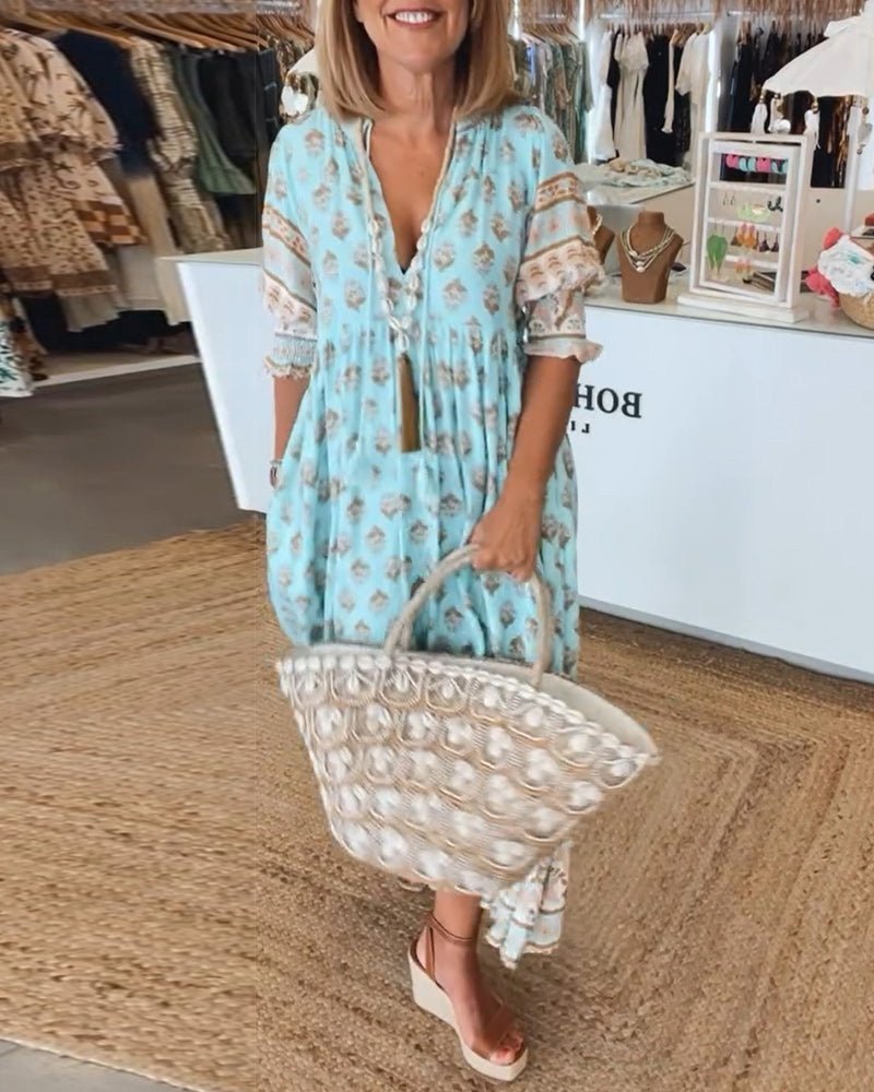 Women's Floral V-Neck Maxi Dress with Puff Sleeves