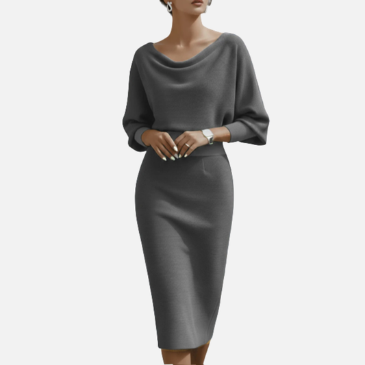 Vestido midi formal de punto con cuello desbocado y manga murciélago para mujer