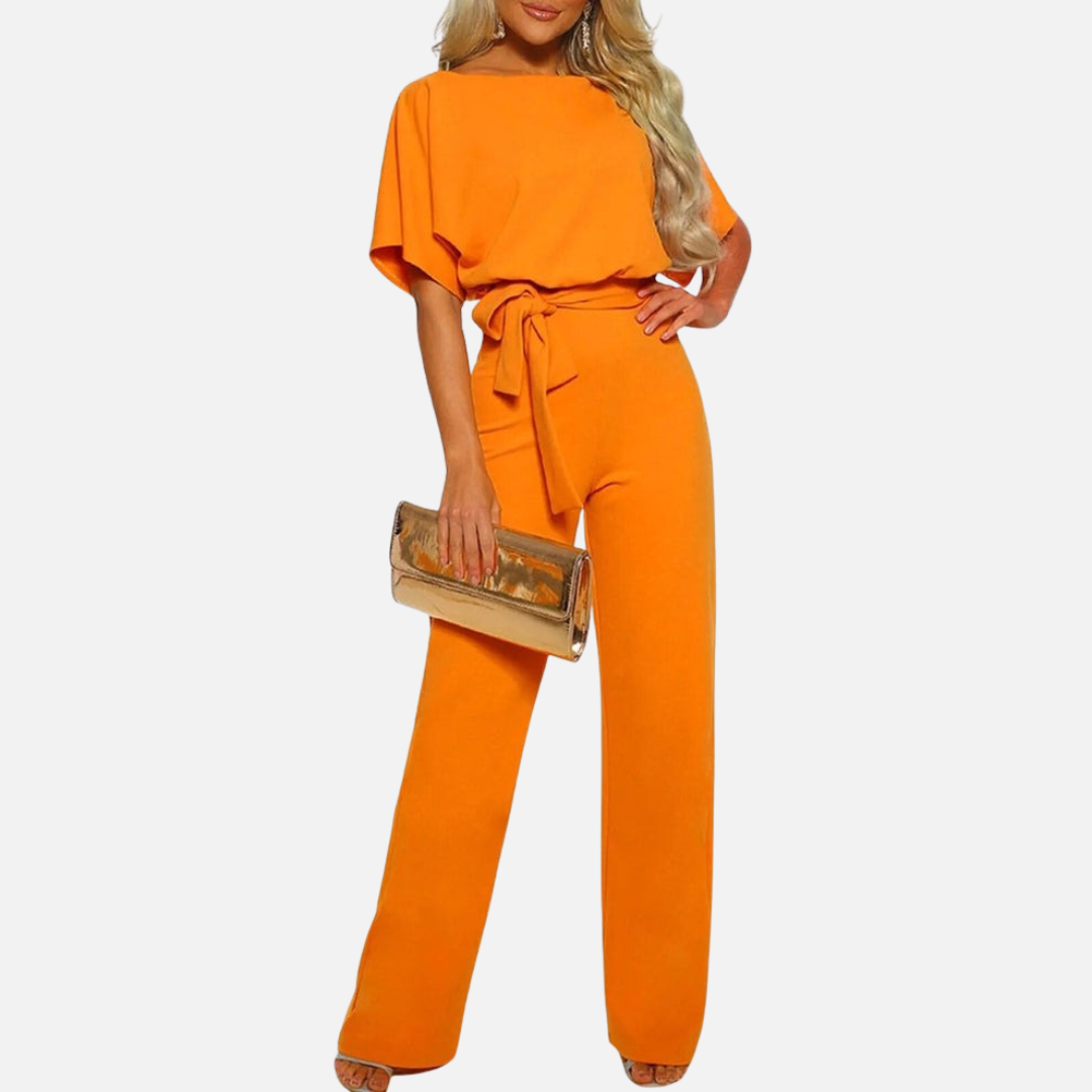 Women's Elegant Wide Leg Jumpsuit | Belted Short Sleeve Formal Palazzo Jumpsuit
