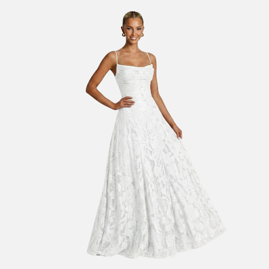 Elegante Vestido de Noche Largo de Encaje con Tirantes Delgados - Vestido de Novia Largo