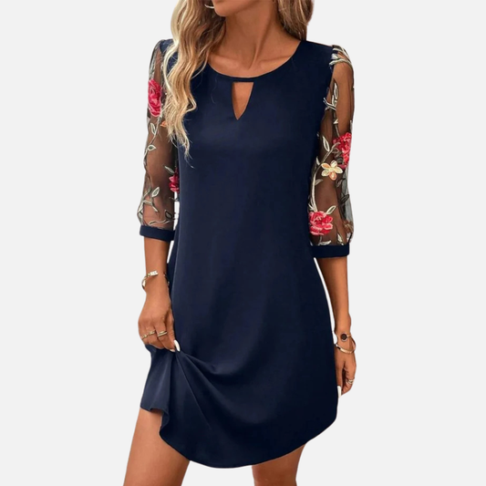 Isabelle | Vestido con manga de malla bordada floral y abertura en la espalda