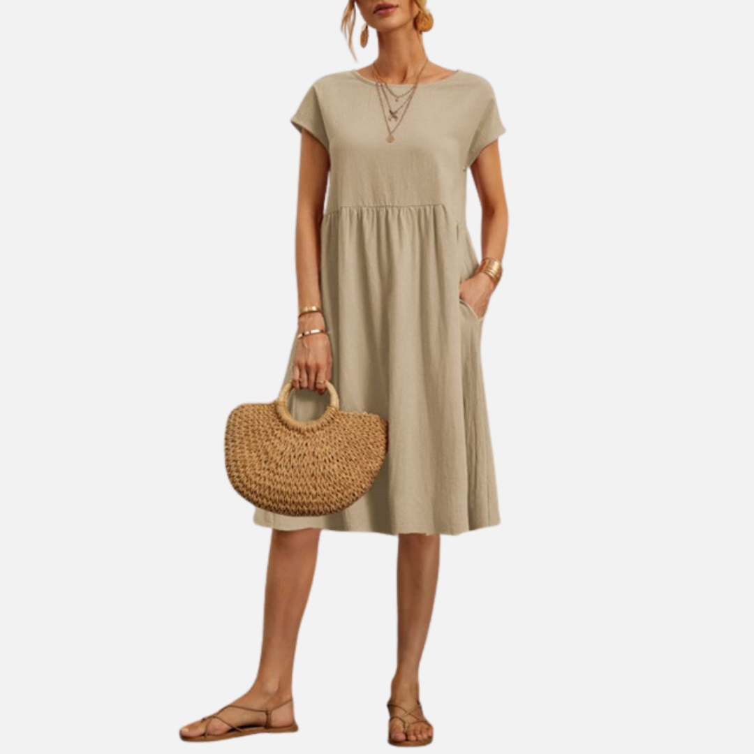 Women's Casual Linen Midi Dress | Short Sleeve Smock Dress
