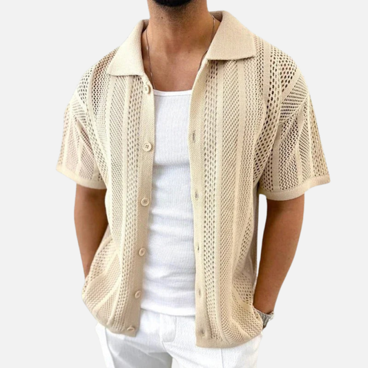 Camisa de hombre de punto calado con cuello cubano | Camisa de playa de manga corta abotonada de croché