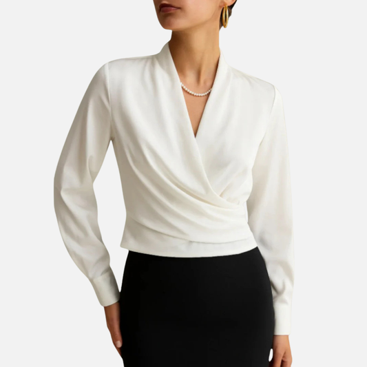 Blusa cruzada de satén para mujer | Escote en V drapeado manga larga