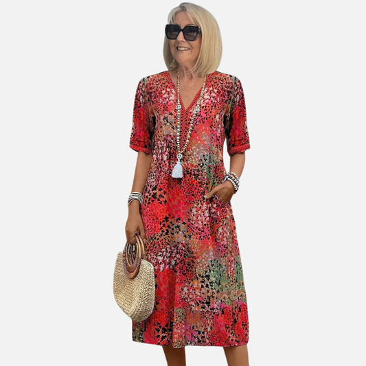 Vestido midi bohemio con cuello en V y estampado para mujer