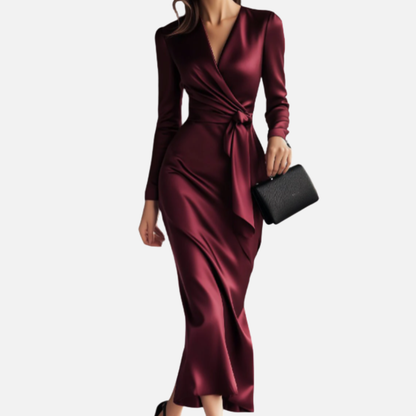 Women's Formal Satin Wrap Maxi Dress | Long Sleeve