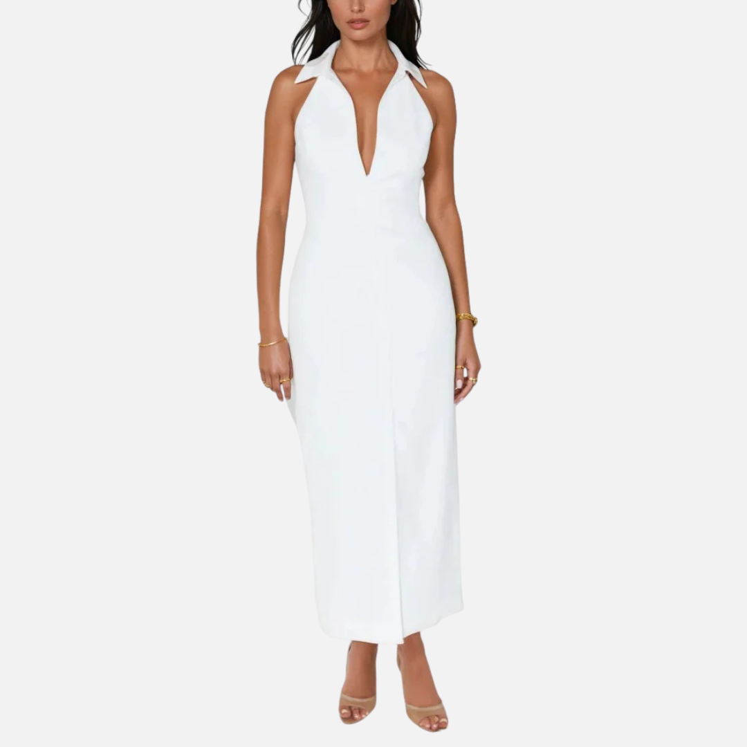 Women's White Formal Halter Maxi Dress | Deep V Neck Backless Bodycon