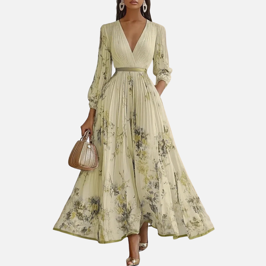Vestido maxi plisado de gasa floral para mujer | Vestido de invitada de boda con cuello en V y manga abullonada