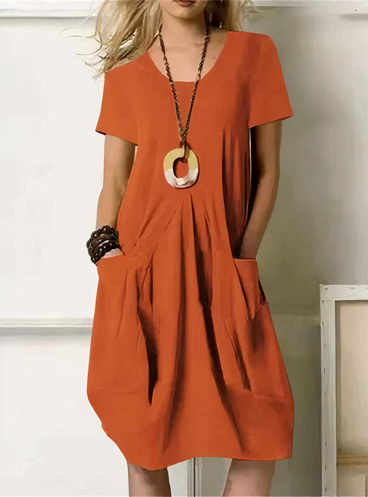 Women's Short Sleeve Midi Dress with Pockets