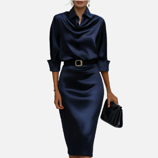 Vestido midi de satén con cinturón para mujer | Vestido lápiz de manga larga con cuello desbocado