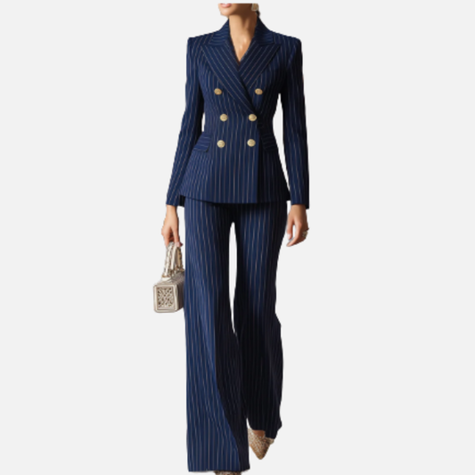 Traje de raya diplomática de doble botonadura para mujer | Americana con solapa de pico y pantalón de pierna ancha