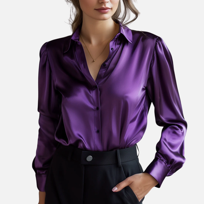 Women's Elegant Satin Blouse | Long Sleeve Button-Up Silk